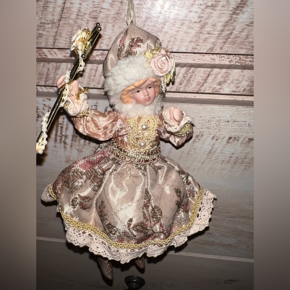 Ornate Victorian Doll Ornament w/Detailed Brocade Dress, Star Baton 7.5” tall